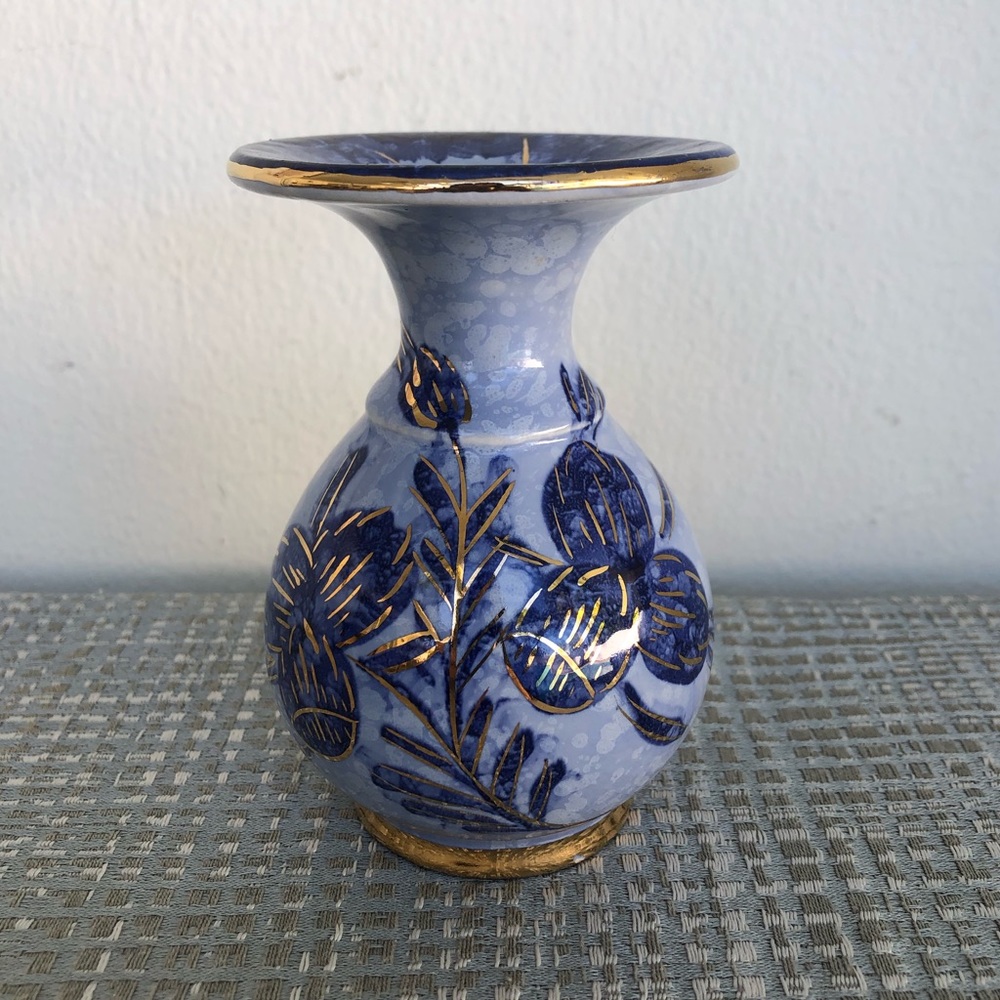 Vintage Cobalt Blue, Gold Floral Hand Painted Porcelain Bud Vase Holland 4.25” H
